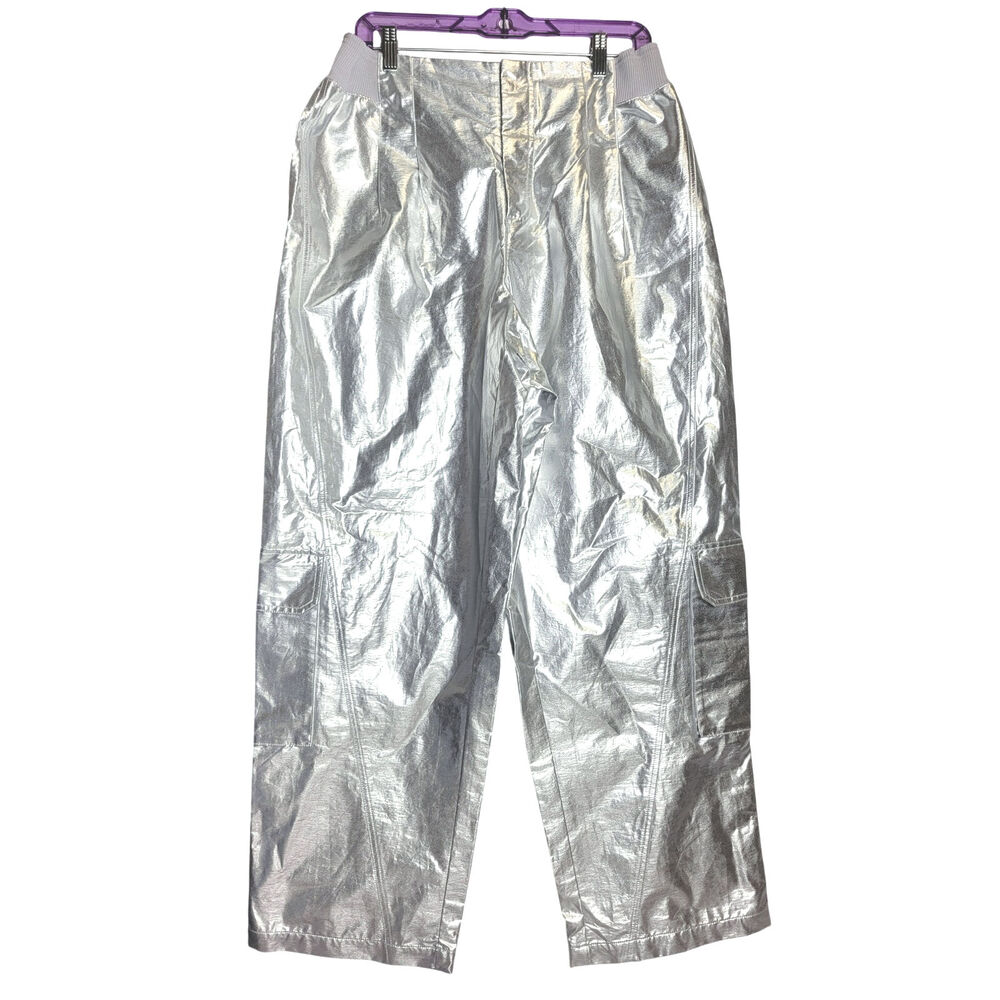 Free People FP Movement Mesmerize Me Shine Cargo Pants Size L Silver Shiny